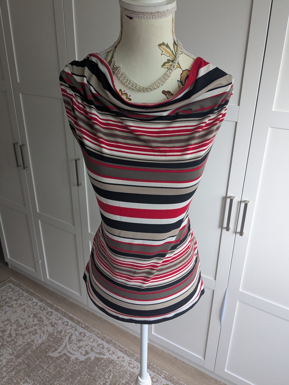 Calvin Klein Striped Cowl Neck Camisole in Red, Black & Cream
